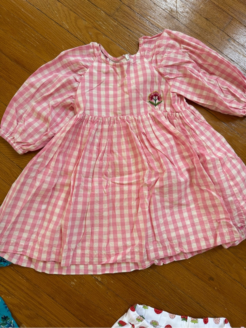 Pink Chicken Pink and White Gingham Puff-Sleeve Dress with Embroidered Flower